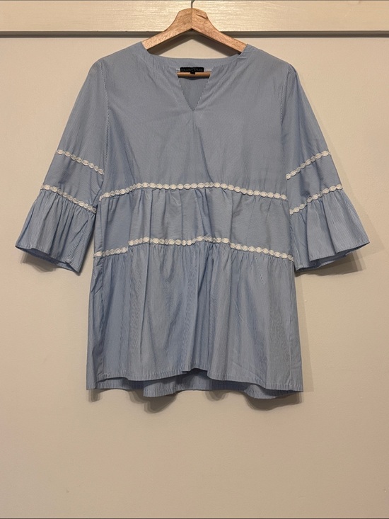 Bua/Bua Tops - Bua/Bua Blue White Pinstripe Tiered Top Bell Sleeve Crochet Trim Boho Size S